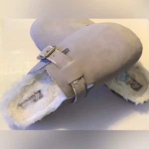 Barbour Nellie Slippers Grey Suede Faux Fur Lined Clogs Cork Sole US 9 | Euro 40